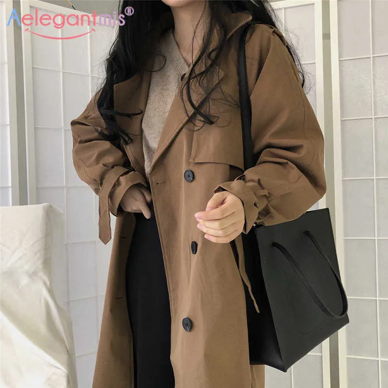 Aelegantmis Vintage Lose Trenchcoat Frauen Koreanische Beiläufige Lange Oberbekleidung mit Gürtel Mode Zweireiher Windjacke Weibliche OL 210607