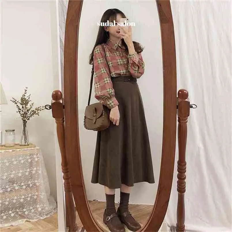 A Line solid Women Skirts Pleated MI-long Knee Length Skirt Female Vintage  Suede Jupe Femme Faldas Mujer 210708