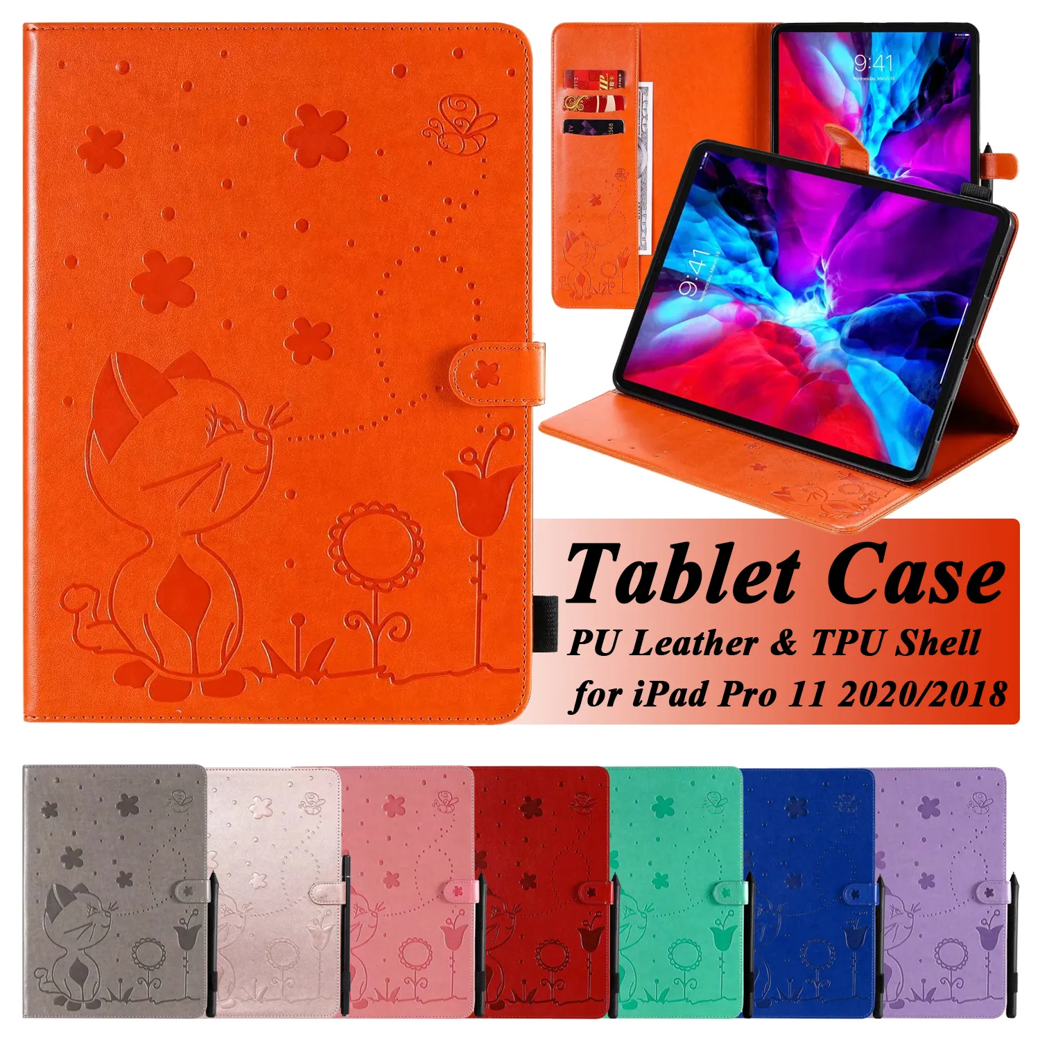 Custodia tablet antiurto per Apple iPad 10.2 Mini 6/5/4 Air 3/2/1 Pro 11/10,5/9,7 pollici Cover con cavalletto in pelle PU con stampa gatto e ape con slot per schede