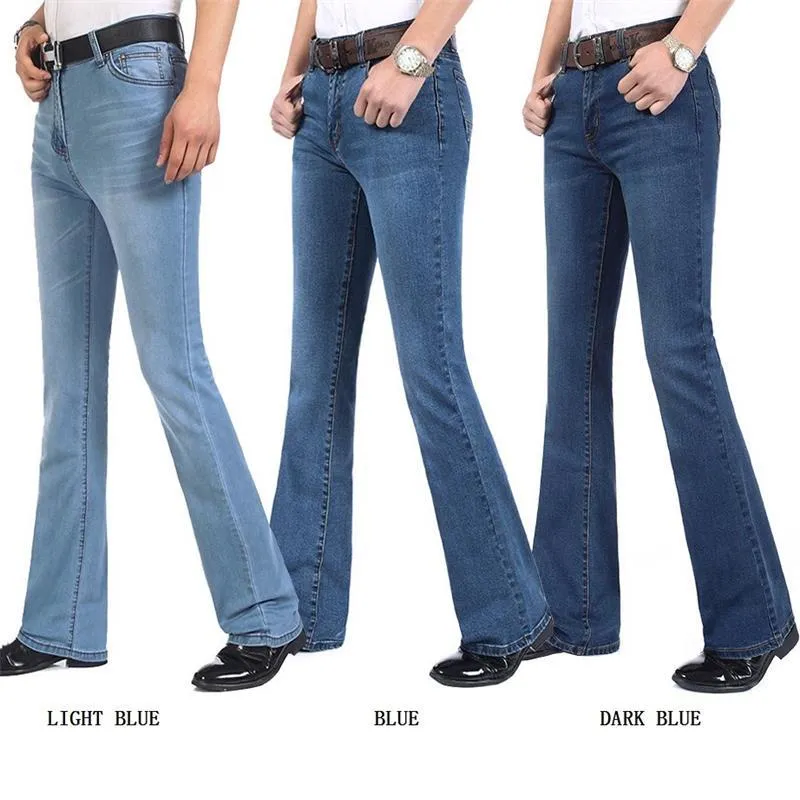 Homens de alta qualidade Negócios Casual Boot Corte Calças de Jeans Mid Cintura Flares Semi-Flared Bell Calças Bottle Plus Size 27-38