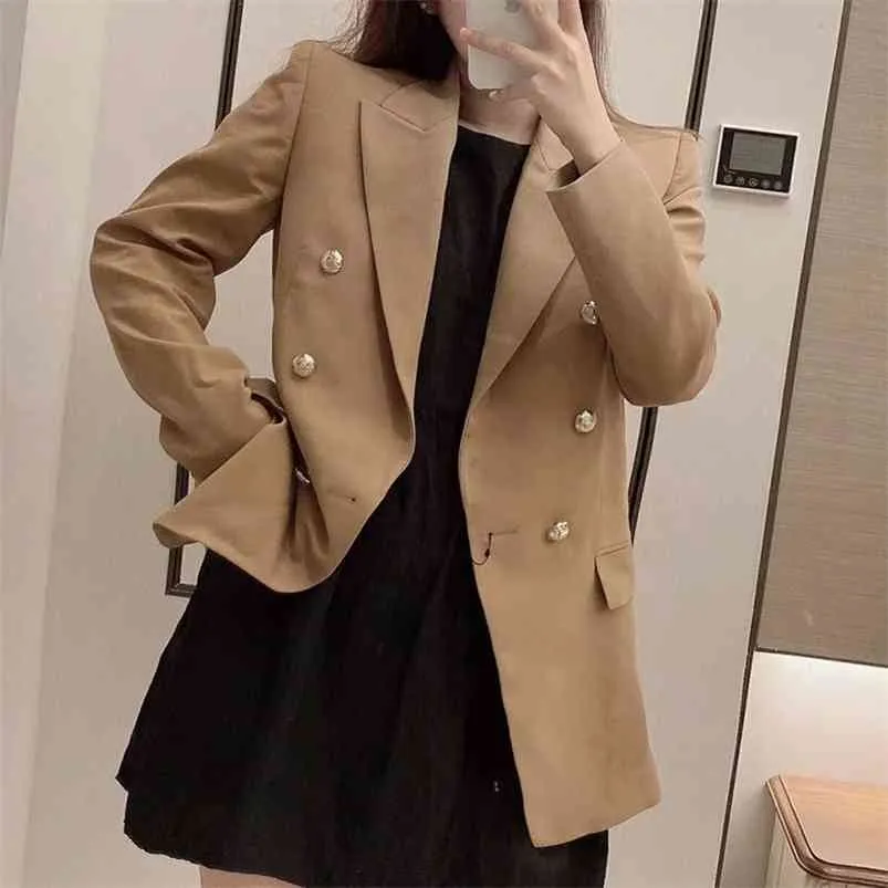 Veste de blazer d'affaires à double boutonnage Femme Automne Hiver Casual Streetstyle Poches Manteau droit Vintage 210427