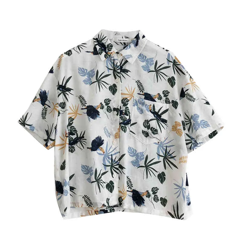 Hawaii White Bird stampa floreale colletto rovesciato camicia a maniche corte estate casual spiaggia donna B0155 210514