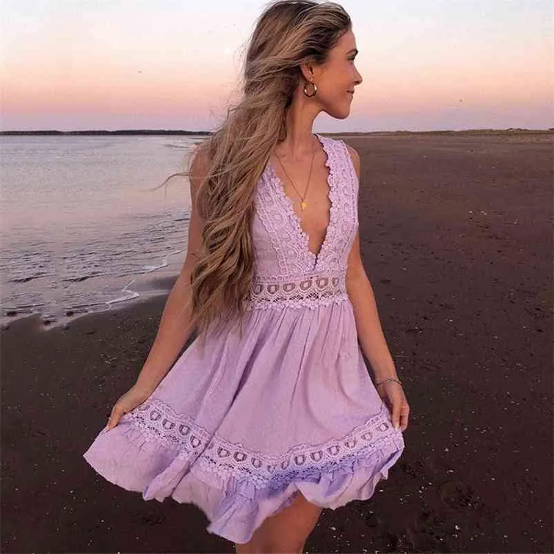 Moda Biały Purpurowy Koronkowy Sukienka Kobiety Hollow Out Boho Plaża Styl Lato Krótkie Chic Wakacje Mini Vestido 210427