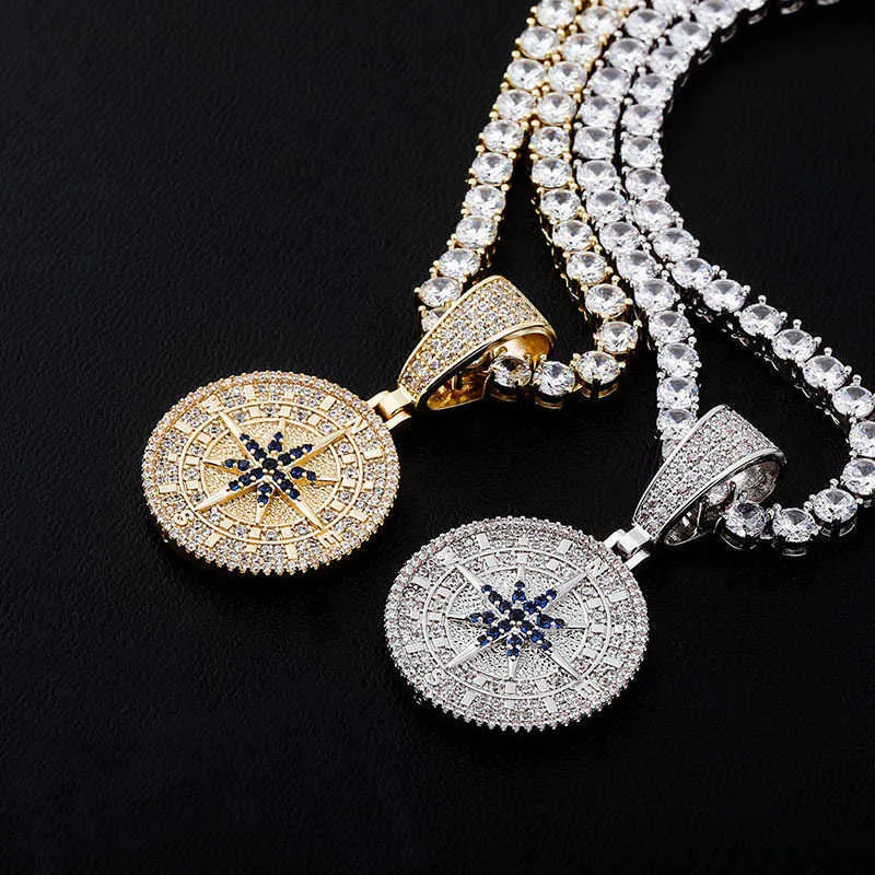 Hip hop aaa cz sten asfalterad bling iced out kompass hängen halsband för män rapper smycken guld silver färg x0707