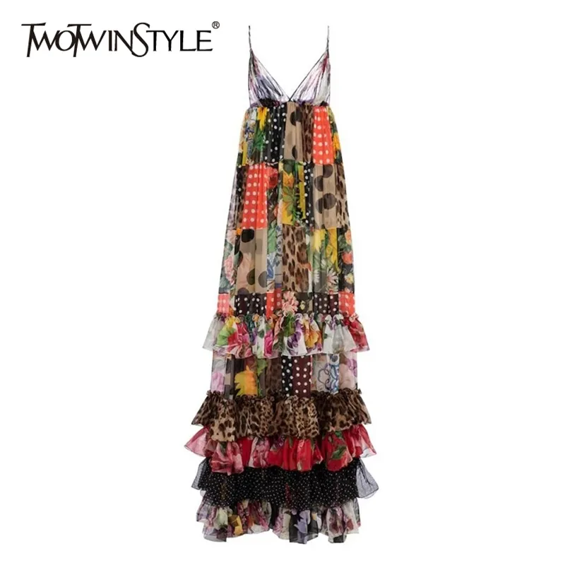 Bohemian Patchwork Ruffle Sling Dress For Women V Neck Sleeveless Printed Summer Dresses Female Fashion Clothes 210520