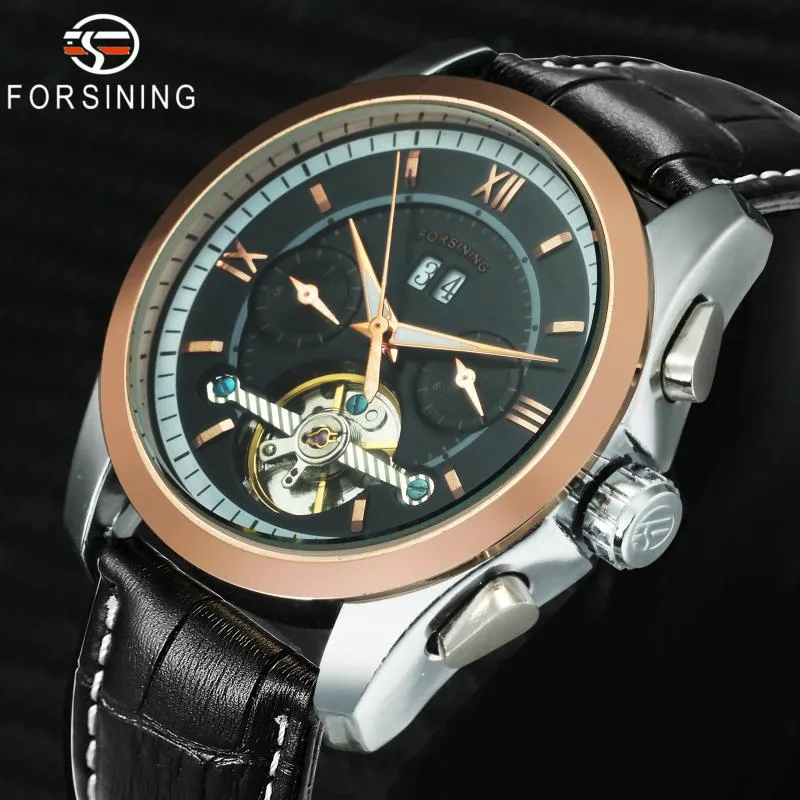 Men Mechanical Wrist Watch Leather Strap Tourbillion Sub-dial Calendar Dial Golden Bezel Top Auto Wristwatches