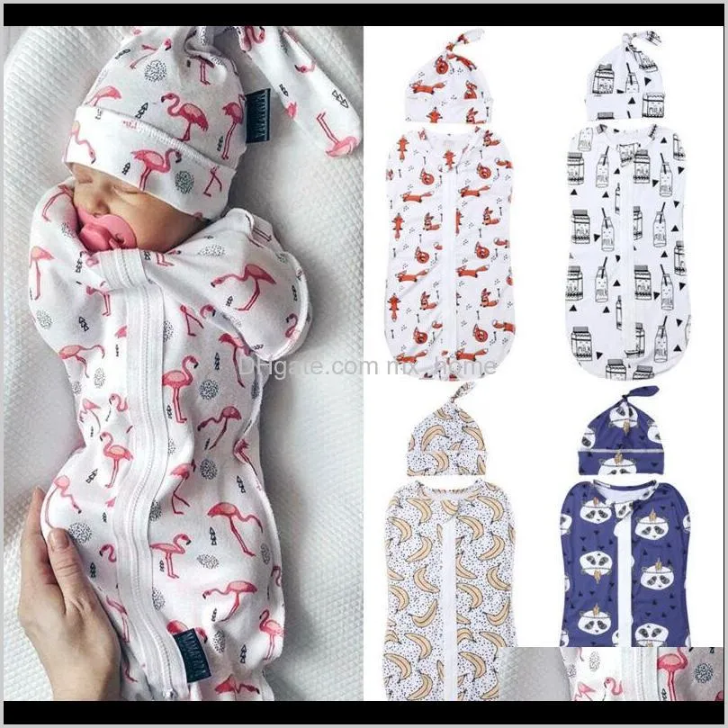 0-6m infant newborn baby boys girls zipper sleeping bags blanket swaddle muslin wrap swaddling+hat flamingo panda banana 201105