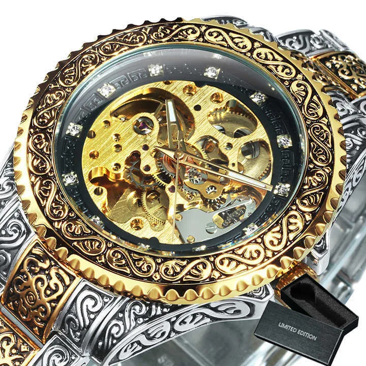 Reloj para hombre con esqueleto, reloj mecánico automático, esqueleto  dorado, relojes Vintage para hombre, primeras marcas