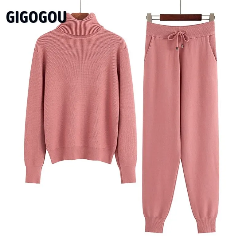 GIGOGOU Set da due pezzi da donna Tute sportive in maglia Dolcevita caldo da donna Maglione da donna + Pantaloni Harem con coulisse Completi da jogging invernali 210709