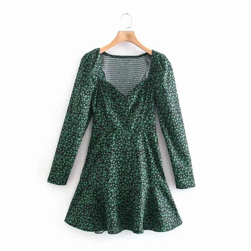Women Chic Fashion Green Flowers Print Mini Dress Vintage Heart-Shaped Collar Long Sleeve Female Dresses Vestidos 210531
