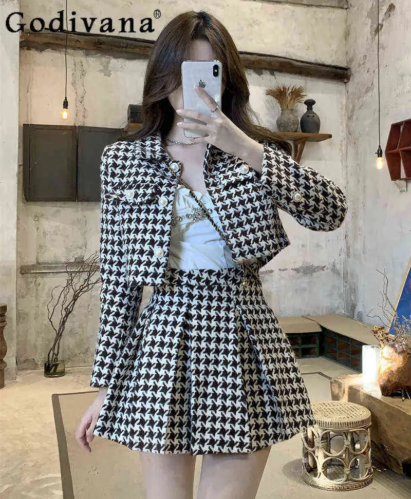 Mode Socialite Hahnentritt Rock 2-teiliger Anzug Frauen Retro Herbst Winter Plaid Mantel + Hohe Taille Falten Rock Zwei-stück Set 211119