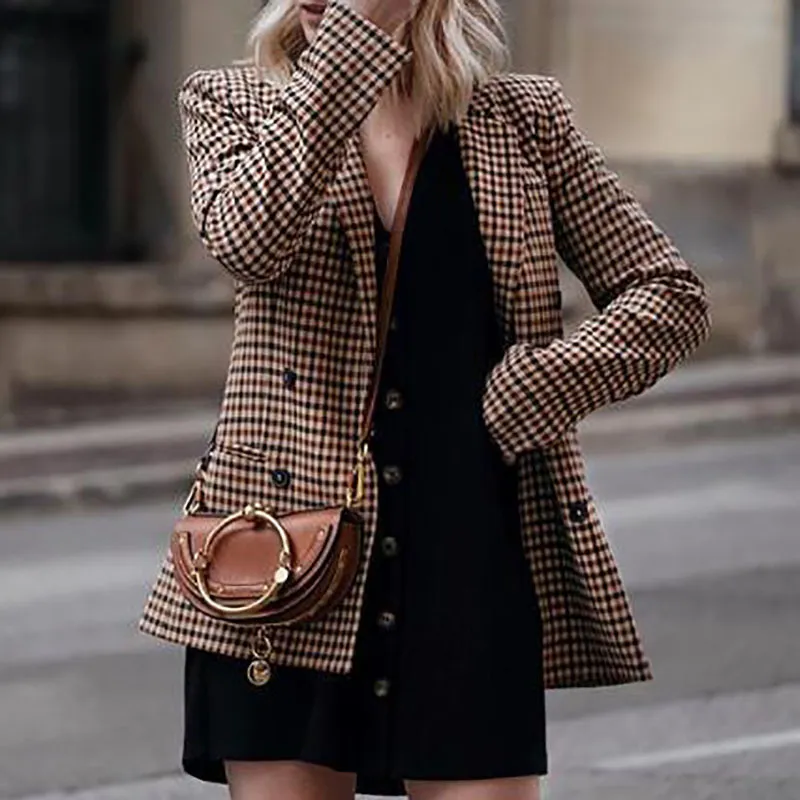 Vintage femme Plaid costume Blazer mode dames automne d contract l gant veste Femal Double boutonnage manteau 210515