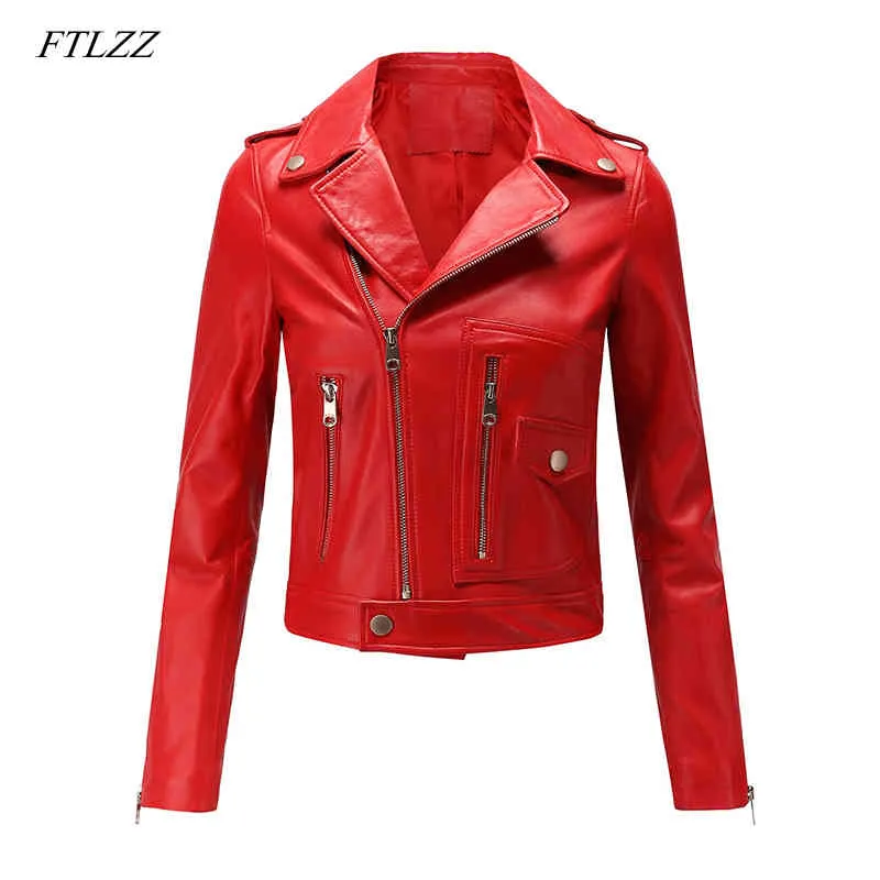 Frauen Motorrad PU Leder Jacke Winter und Frühling schwarzer roter Faux Mantel Kollor Lady Oberbekleidung 210423