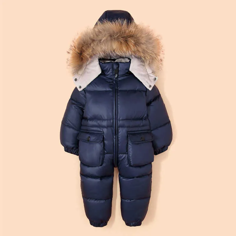 -30 Winter Kinder Babykleidung Mit Kapuze Natürliches Pelz Verdicken Warme Strampler Junge Daunenjacke Jumpsuitgirl Schneeanzug Schneeverschleiß 1-4 y H0910