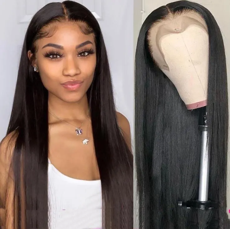 AAA5 brésilien noir long soyeux droite pleine perruques de cheveux humains résistant à la chaleur sans colle synthétique avant de lacet perruque pour les femmes de la mode 35cm-65cm