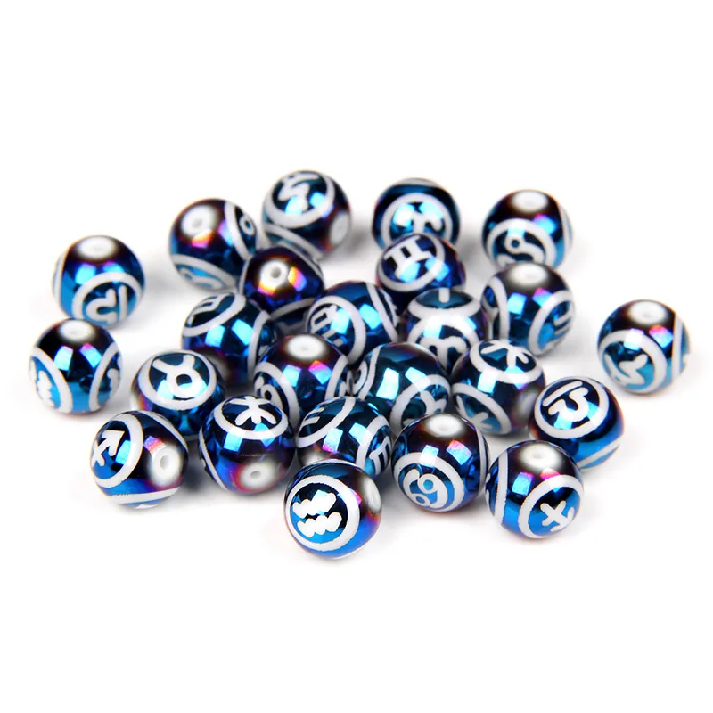 Perle en plastique Constellation en verre bleu, entretoise ample, perles rondes de 10MM, perles de charme du zodiaque pour la fabrication de bijoux, fourniture d'accessoires de bricolage faits à la main