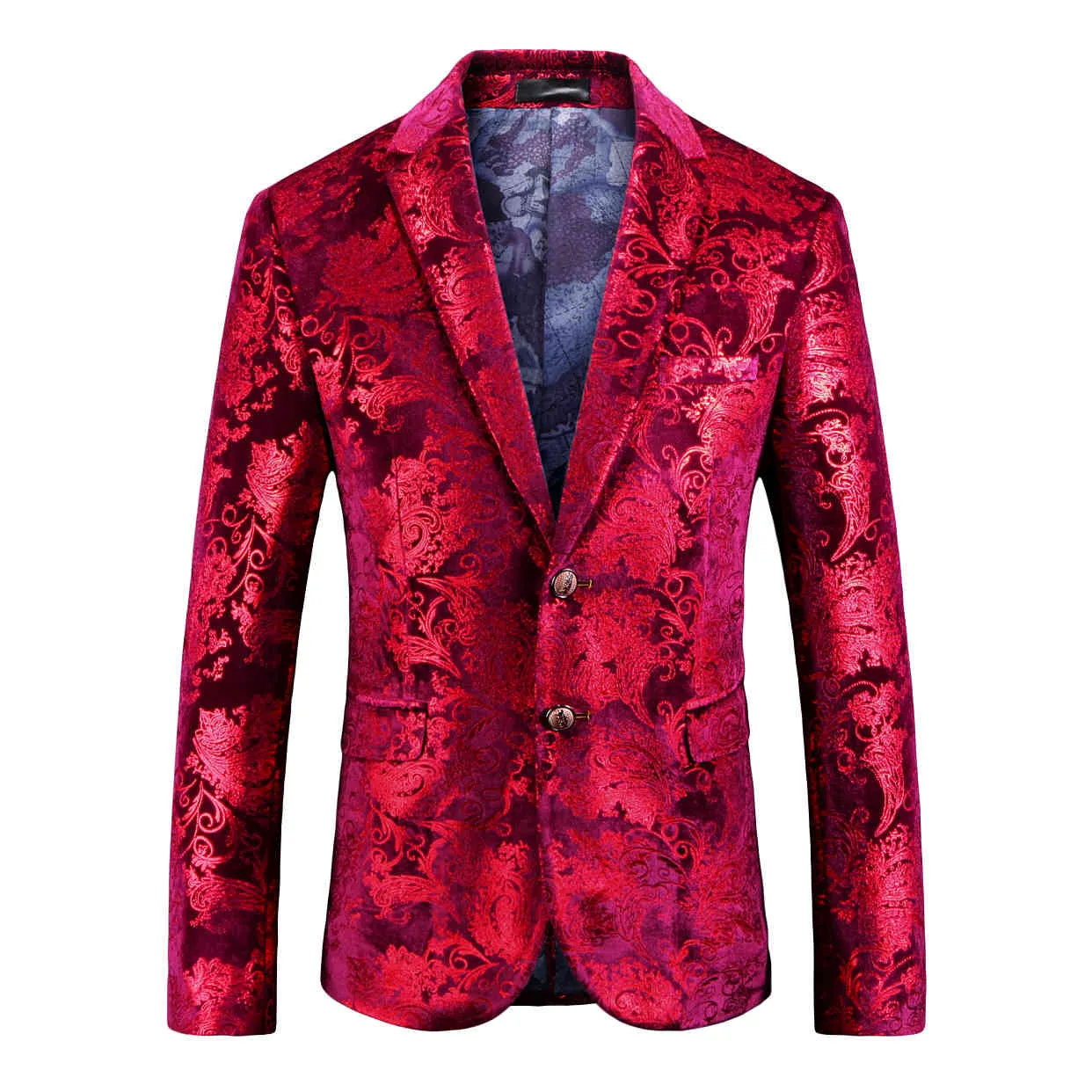 Męskie Czerwony Kwiatowy Blazer Kurtka Marka Single Breasted Dwa Guzik Velvet Garnitur Blazer Mężczyźni Party Wedding Prom Stage Kostiumy 210524