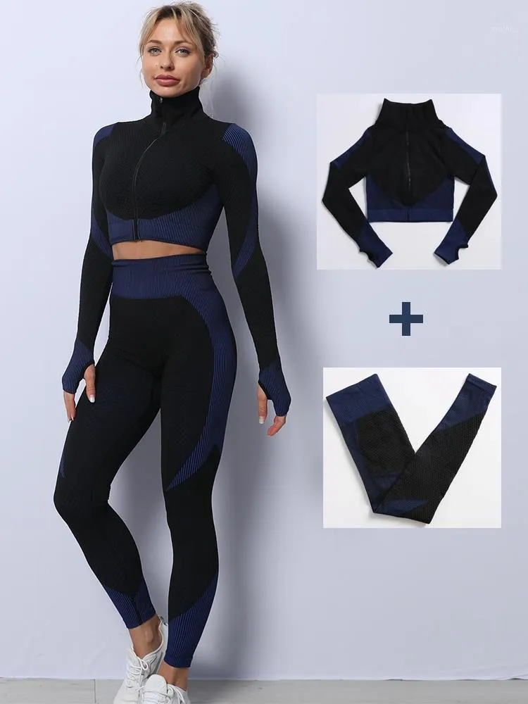 Outfit Yoga 2 Kawałek / Zestaw Damskie Bezproblemowe Stroje Treningowe Z Długim Rękawem Crop Top High High Waist Legging Sets Front Zip Sport Nosić siłownia Ubrania