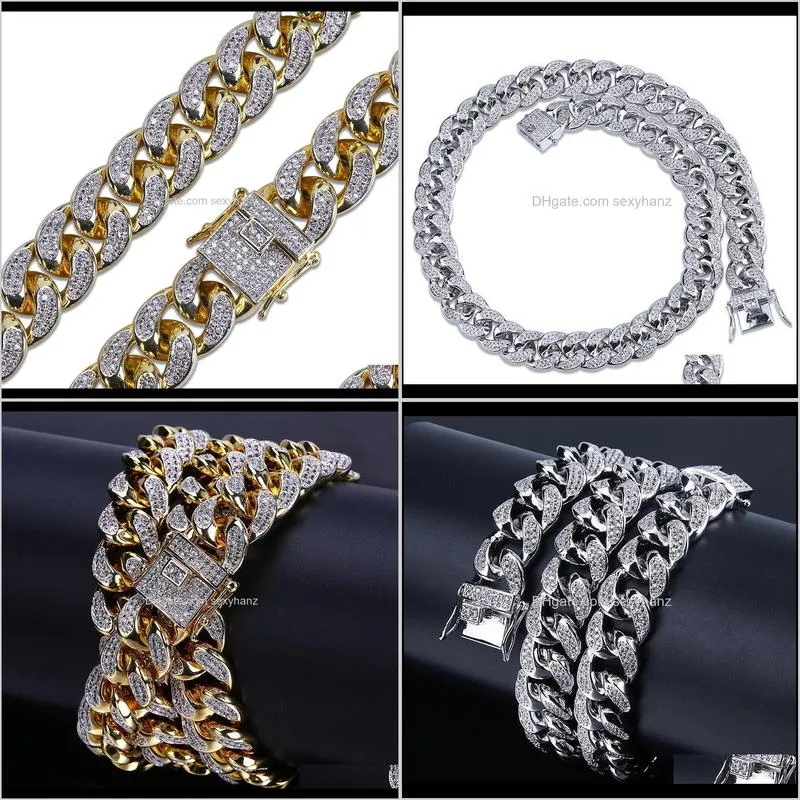 hip-hop men cuban big gold chain 14 mm stereo micro-zircon necklace water wave chain hot selling in europe and america