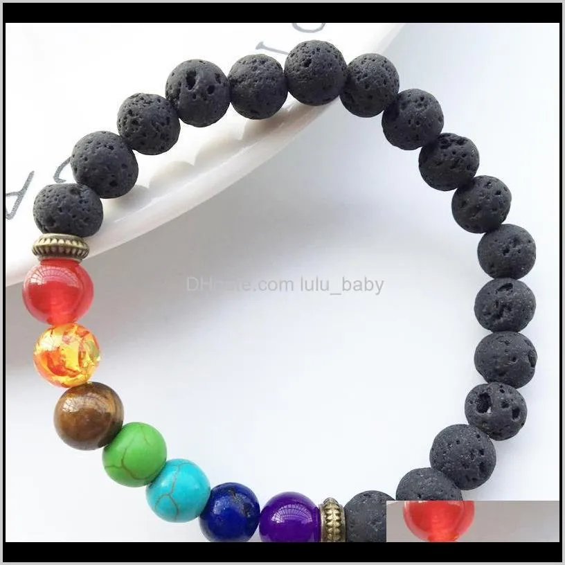 bracelet fashion 8mm natural lava rock beads volcano tiger eye laips amethyst stone with seven color stone beaded bracelet unisex