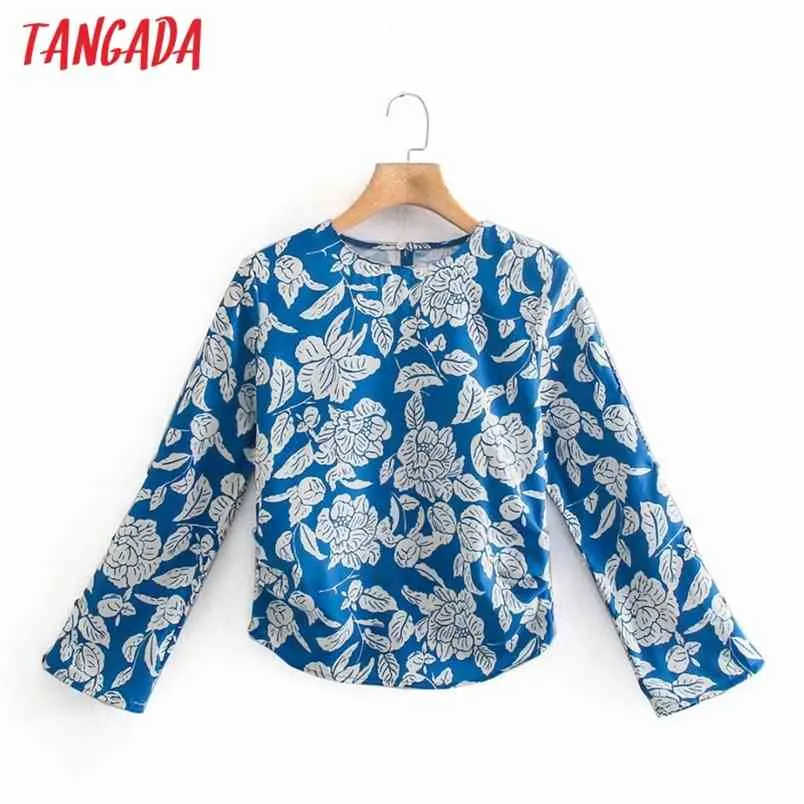 Women Retro Blue Print Romantic Blouse Flare Sleeve Chic Female Shirt Tops XN296 210416