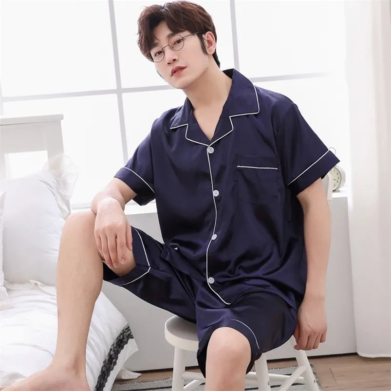 JULY'S SONG Spring Summer Men Faux Silk Pajamas Set Simple Pure Color Leisure Nightwear Short Sleeves Sleepwear 210901