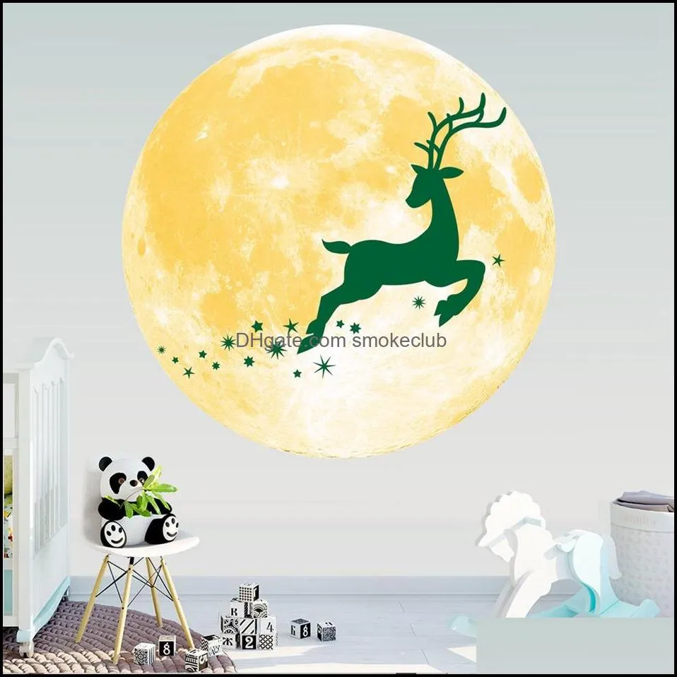 30cm Christmas Luminous Sticker Round Snowman Elk Deer Pine Santa Fluorescent Xmas Wall Stickers Party Decoration LJJP601