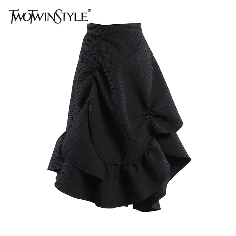 Drawstring Black Asymmetrisk kjol för kvinnor Hög midja Patchwork Ruffle Midi Kjolar Kvinnligt Fashion 210521