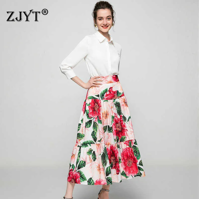 Высококачественная взлетно-посадочная полоса мода весенние женщины наряды элегантные леди белая рубашка и цветочная печать юбка костюм 2 шт соответствующих наборов 210601