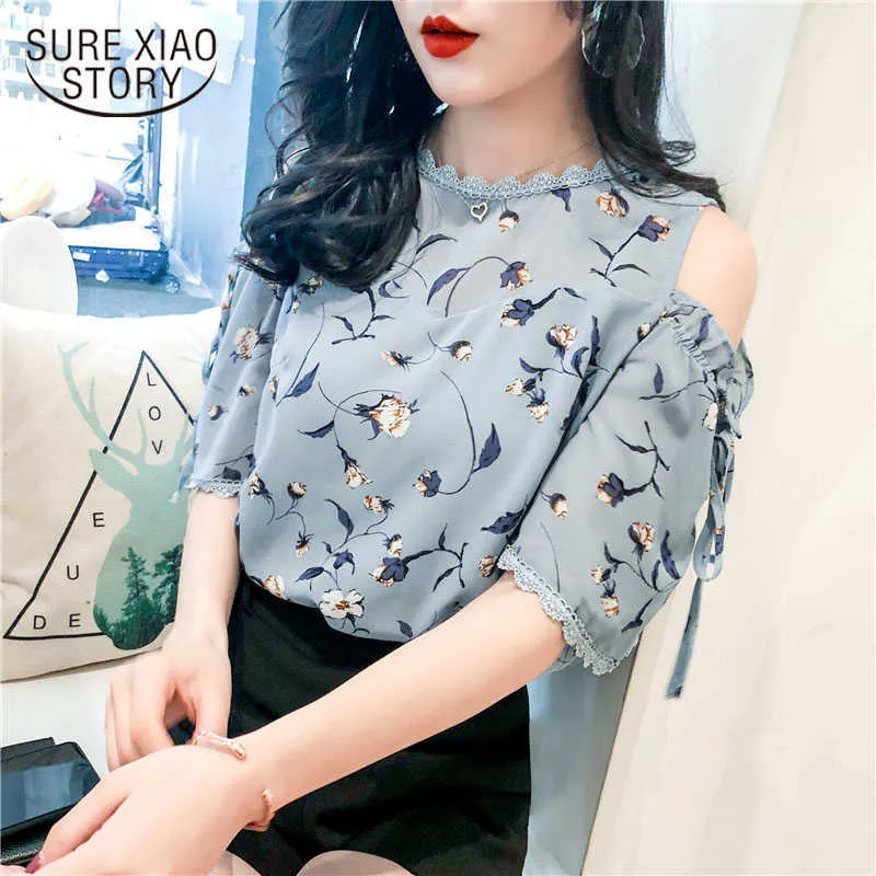 Blusas mode femmes Blouse été à manches courtes en mousseline de soie chemise hors épaule haut imprimé coréen haut Chic dame vêtements 10035 210527