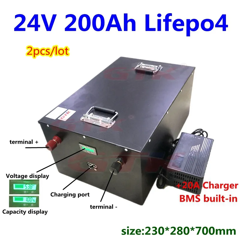 GTK 2st LifePo4 24V 200AH LITIUM Batteripaket BMS 150A för 3000W RV EV Electric Car Motorcykel Golfbil +10A -laddare