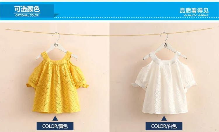  Summer 2-10 Years Children Cotton Solid Color Off Shoulder Strapless Hollow Out Wave Little Sexy Kids Girl Dress Blouse (1)