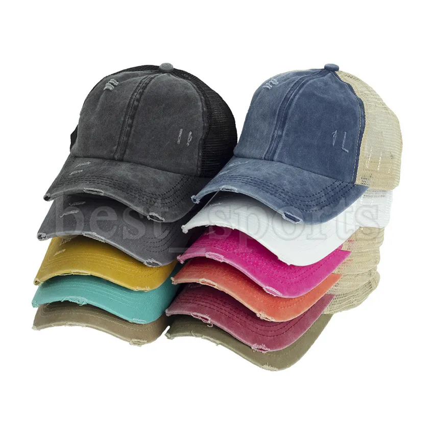 Bonés de beisebol de rabo de cavalo Criss Cross Woman Washed Distressed Messy Buns Ponycaps Trucker Mesh Hats CYZ3362