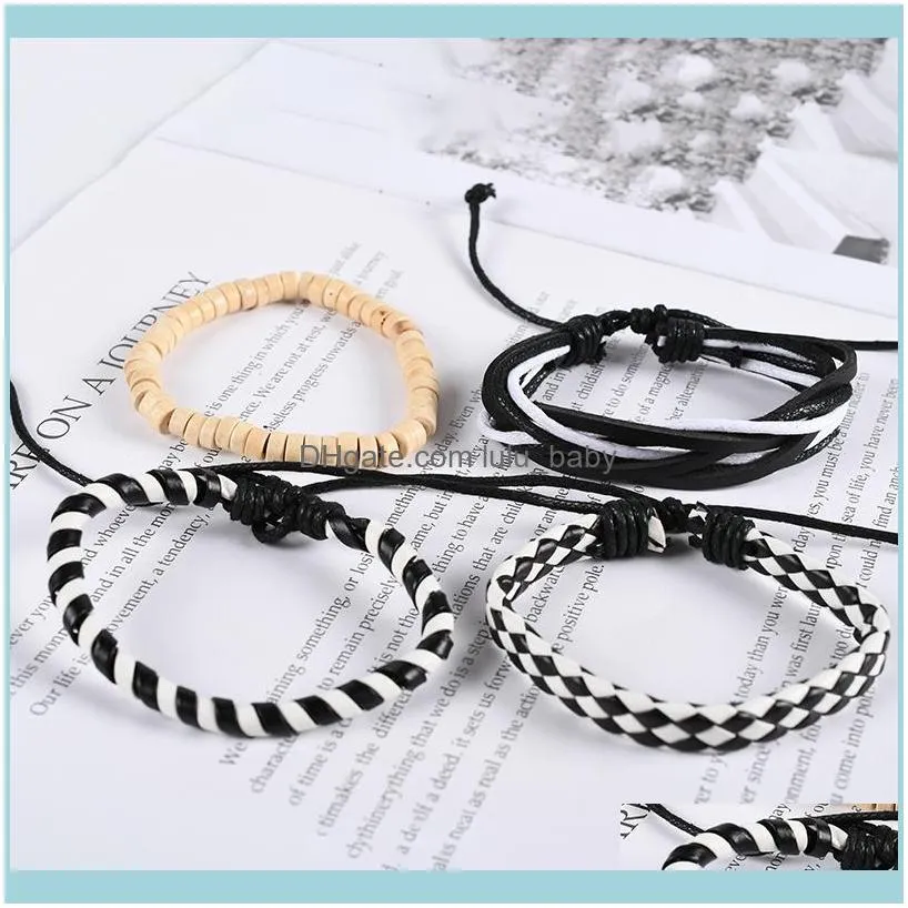 Beaded, Strands 4-piece Set/men`s Black And White Braided Winding Leather Bracelet Vintage Charm Wooden Bead Ethnic Tribal Wristband