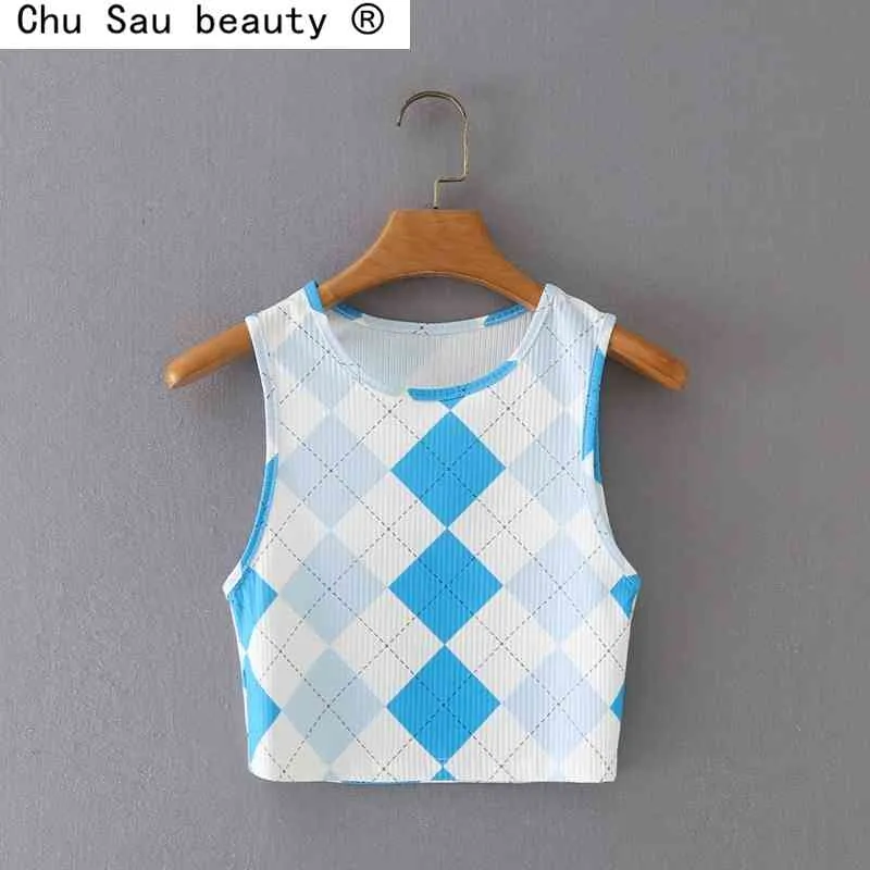 Chu Sau Beauty Été Bleu O Cou Plaid Sans Manches Gilet + Court Taille Haute Élastique Wrap Jupe Costume Femme Mode 210508