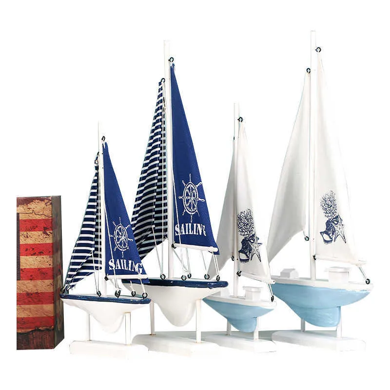 Home Decor Wood White Sailboat Figurines Mediterrean Style Wooden Stripe Ship Office Desktop Miniature Marine Sailing Boats 210804