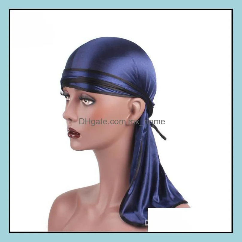 Unisex Men Women Satin Breathable Bandana Hat Silky Durag do doo du rag long tail headwrap Muslim Turban hair band Bandanas