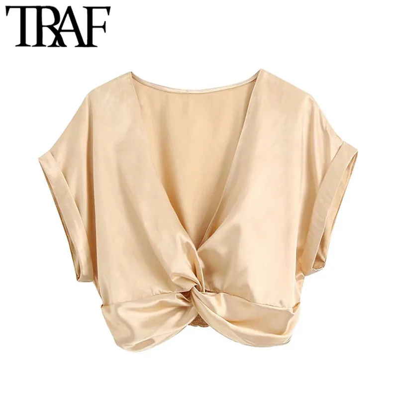 TRAF Women Fashion With Knot Cozy Cropped Blouses Vintage Short Turn-up Sleeves Back Elastic Female Shirts Chic Tops 210415