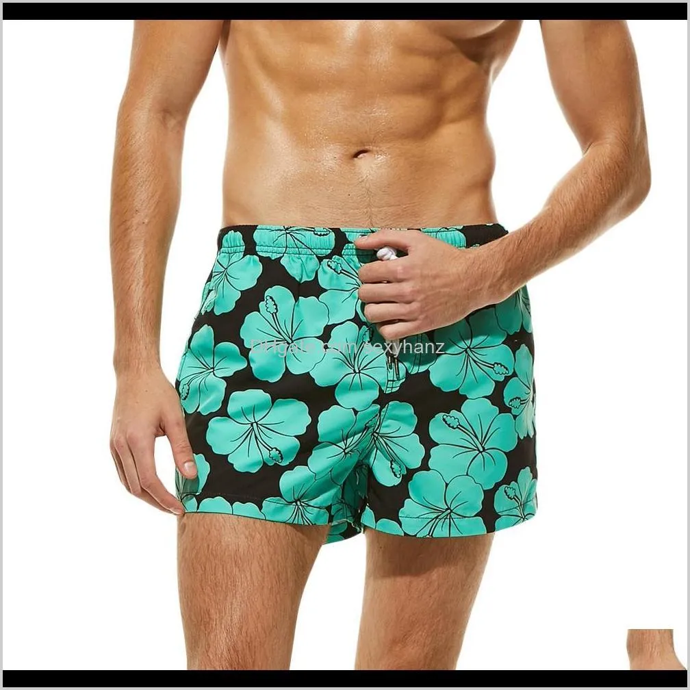 men breathable swim pants swimwear shorts slim wear briefs flower print green beach shorts size s-xl
