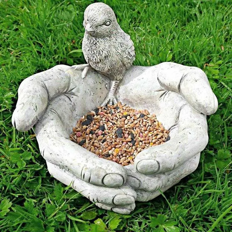 Hand-Shaped Bird Bath Feeder Creative Resin Bird Feeder Outdoor Garden Decorations Ornaments For Patio Porch Pathway Yard Q0811