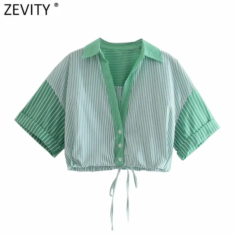 Women Fashion Patchwork Striped Print Short Smock Blouse Office Lady Hem Elastic Bow Shirts Chic Blusas Crop Tops LS9209 210420