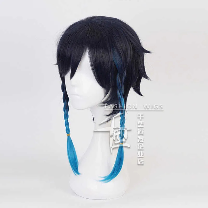 Genshin Impact Venti Wigs gradient Blue Short編組耐熱性合成ヘアゲームアニメCosplay +キャップY0913