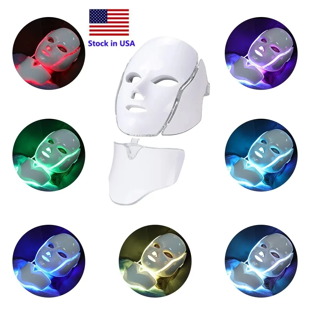Lager i USA 7 Färg PDT -ljusterapi LED FASIAL NECAL MASK MICROCURRENT Fotonhud Rejuvenation Facemask Hemanvändning