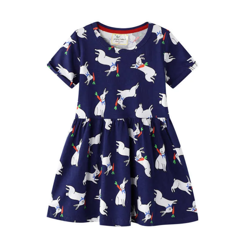Springende meter meisjes prinses dieren jurk voor zomer katoen babykleding konijnen print kinderen kinderen jurken 210529