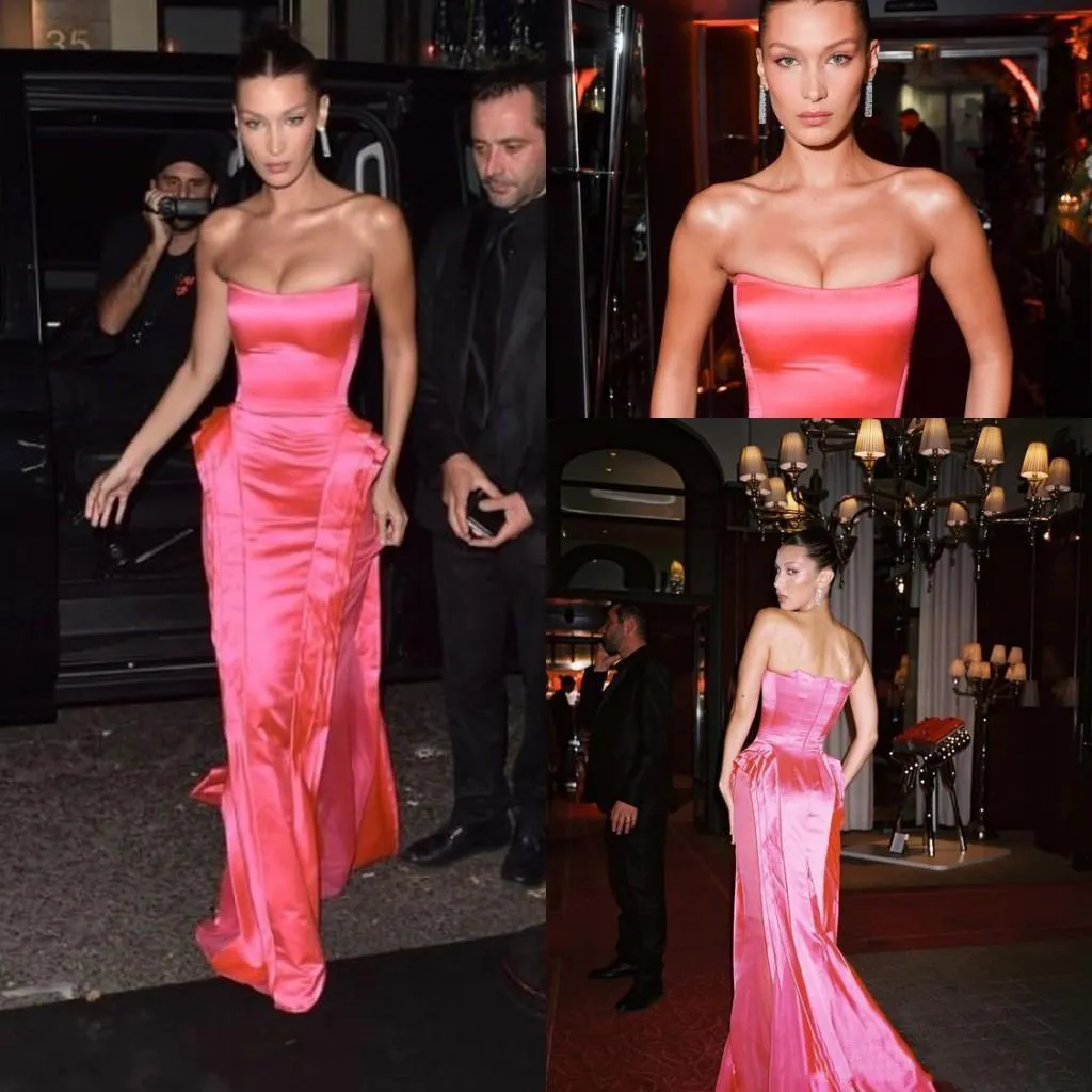 Hot Pink Strapless Prom Formal Dresses Bella Hadid Modest Ruffles Skirt Full Length Red Carpet Celebrity Dress Evening Party Gown Wear