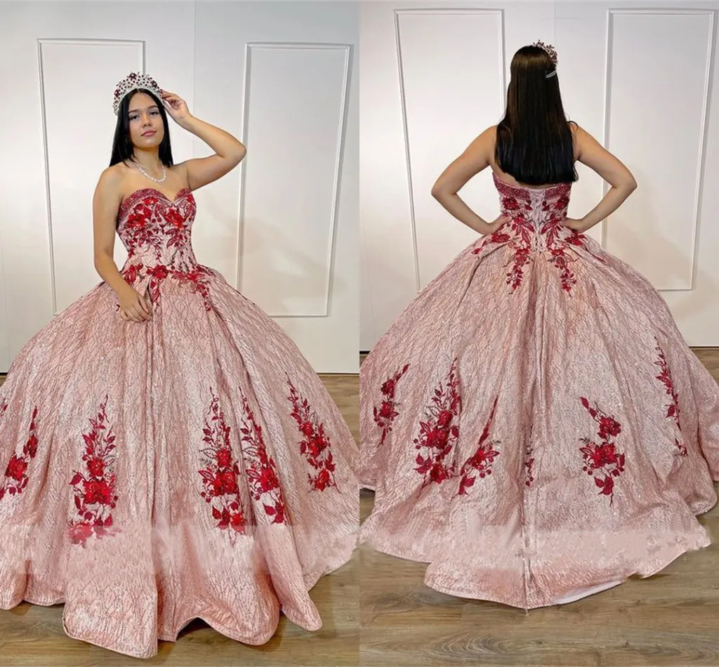 Glitter Cekiny Tulle Rose Różowy Prom Quinceanera Suknie Czerwony Kwiatowy Aplikacja Frezowanie Bez Ramiączek Gorset Powrót Princess Sweet 16 Dress Communion Party