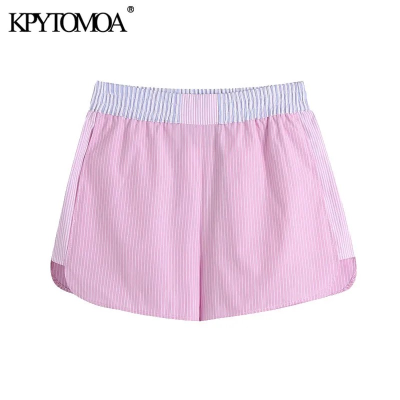Vrouwen chique mode patchwork gestreepte shorts vintage hoge elastische taille zijzakken vrouwelijke korte broek mujer 210416