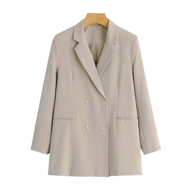 Vrouwen mode kantoor slijtage dubbele breasted blazers jas vintage lange mouw zakken vrouwelijke bovenkleding chic tops 210521