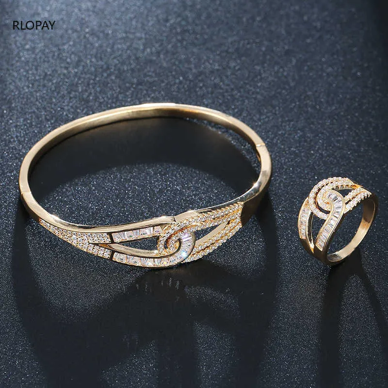 Rlopay Luxury Copper Bangle Ring Set Fashion Dubai Gioielli da sposa per le donne Wedding Brincos Para As Mulheres Q0720