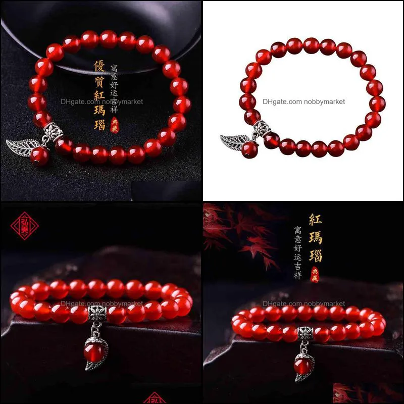 New simple single ring red agate bracelet national style leaf women`s hand string peace Ball Bracelet